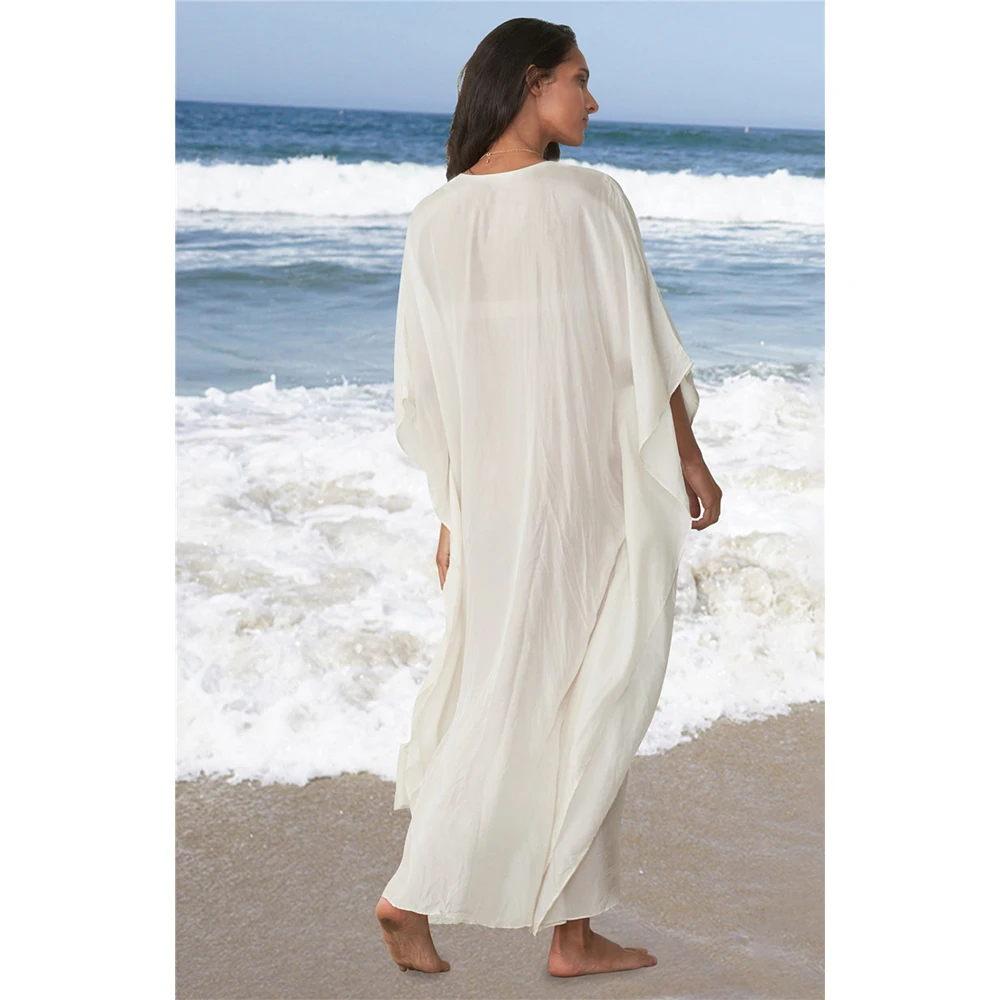 Белый кафтан Пляжное Платье свободная хлопковая туника пляжная одежда накидки