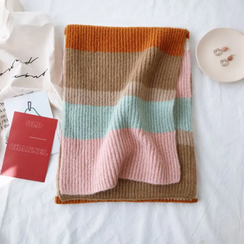 

Womens Knitted Scarf Rainbow Stitching Color Stripes Autumn Winter Warm Shawl 40JF