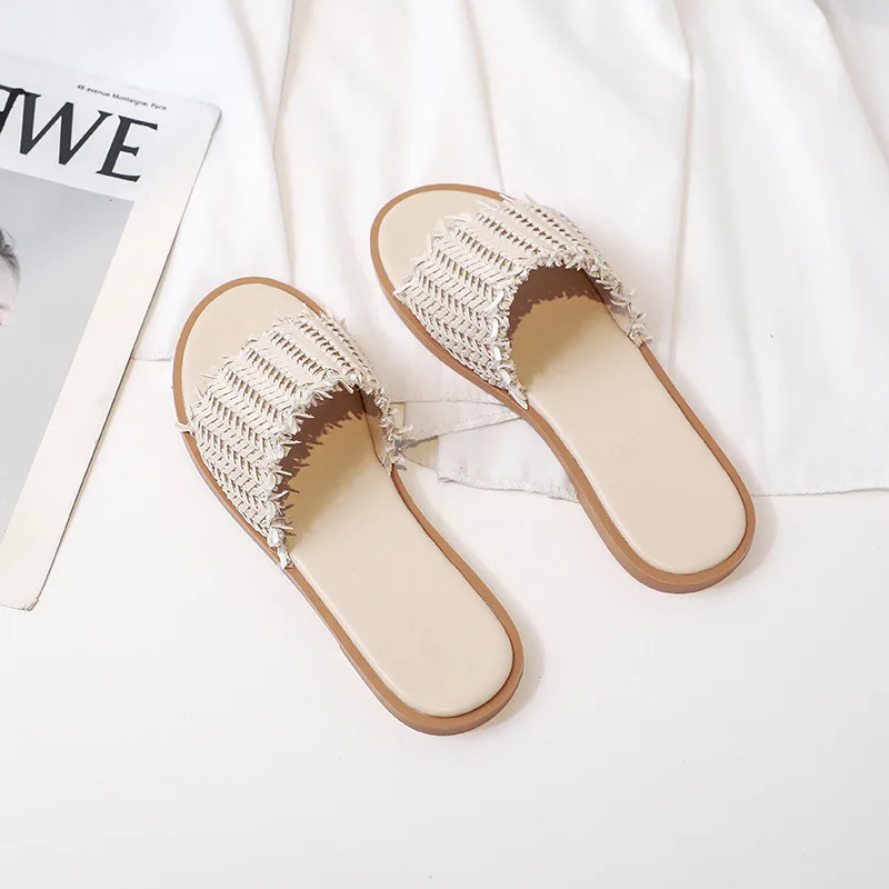 

korean summer solid weaving women slippers shoes tassel open toe flat girl slides luxury handmade weave leather flip flops