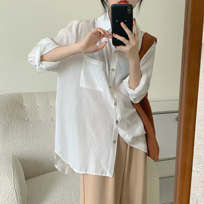 

Рубашка Nkandby Женская Осенняя, модная блузка с длинным рукавом, прямая свободная базовая одежда в Корейском стиле, большие размеры