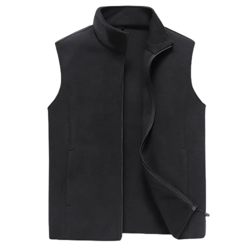 

Men Vest Solid Color Sleeveless Stand Collar Fleece Autumn Waistcoat for Daily Wear