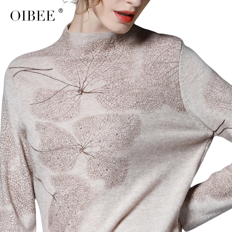 

OIBEE100% wool sweater women 2020 autumn and winter new printed long-sleeved knitted sweater bottoming shirt top