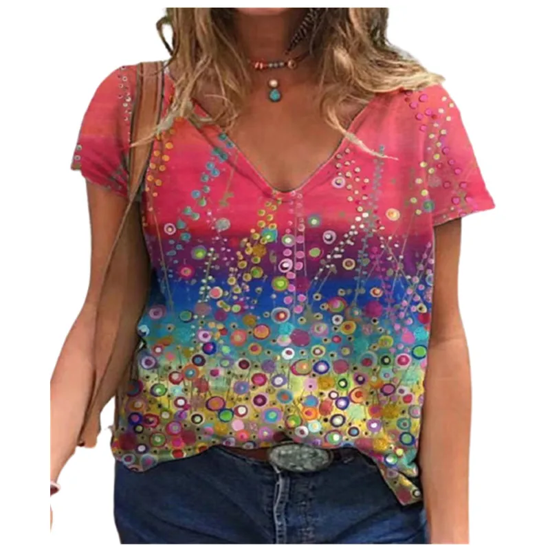 

Блузка женская с принтом, V-образным вырезом и коротким рукавом