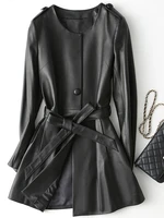 nerazzurri spring autumn black faux leather jacket women long sleeve belt leather coat 2021 slim fit korean fashion clothing