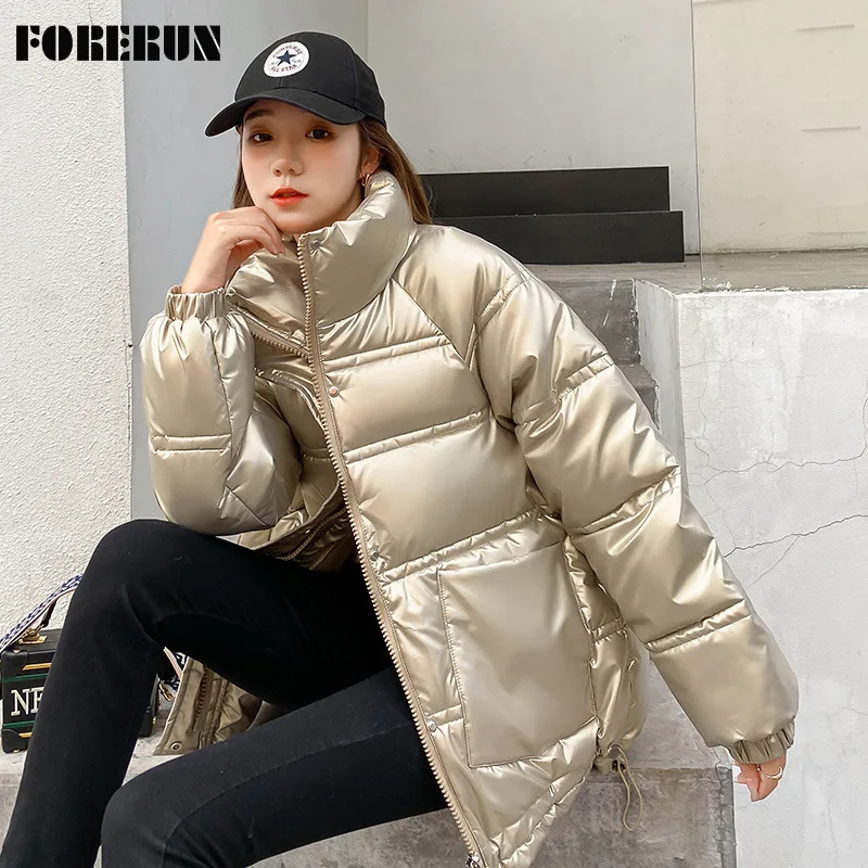 

FORERUN зимнее пальто большого размера с пузырьками, Женские однотонные куртки-Пуховики с воротником-стойкой, глянцевые водонепроницаемые мод...