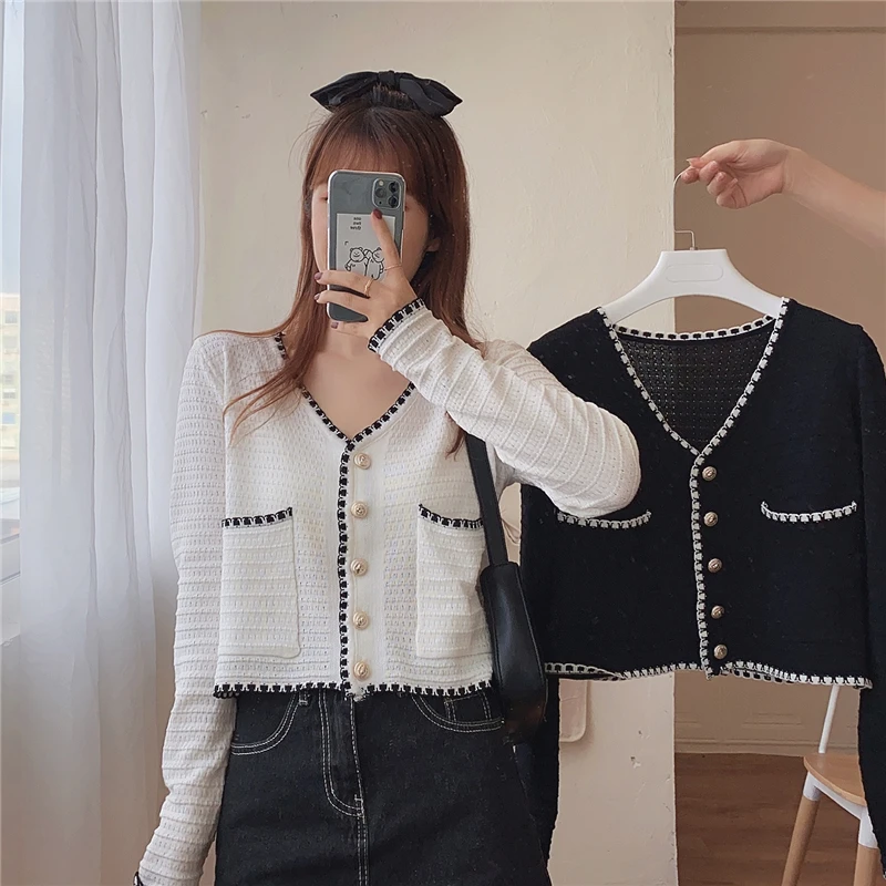 Женский вязаный кардиган с V образным вырезом и длинным рукавом| |