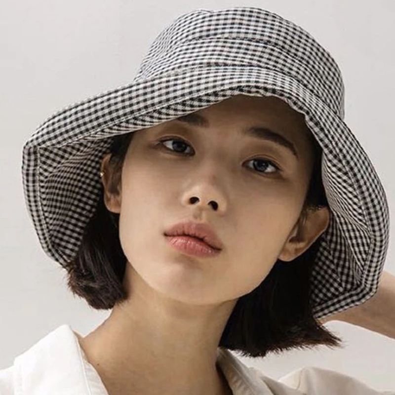 

Large Brim Sunhat Fisherman Hat Houndstooth Bucket Hat Sun Protection with Inner Lining Cotton Made Breathable