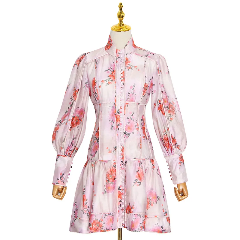 

Autumn Winter 2020 New Fashion Temperament Elegant Stand Collar Printed Lantern Sleeve Ruffle Women Short Dress Aa33