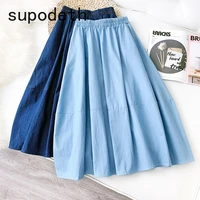 denim skirt midi elastic high waist jean skirts for ladies korean style long vintage blue skirt fashion college summer 2020