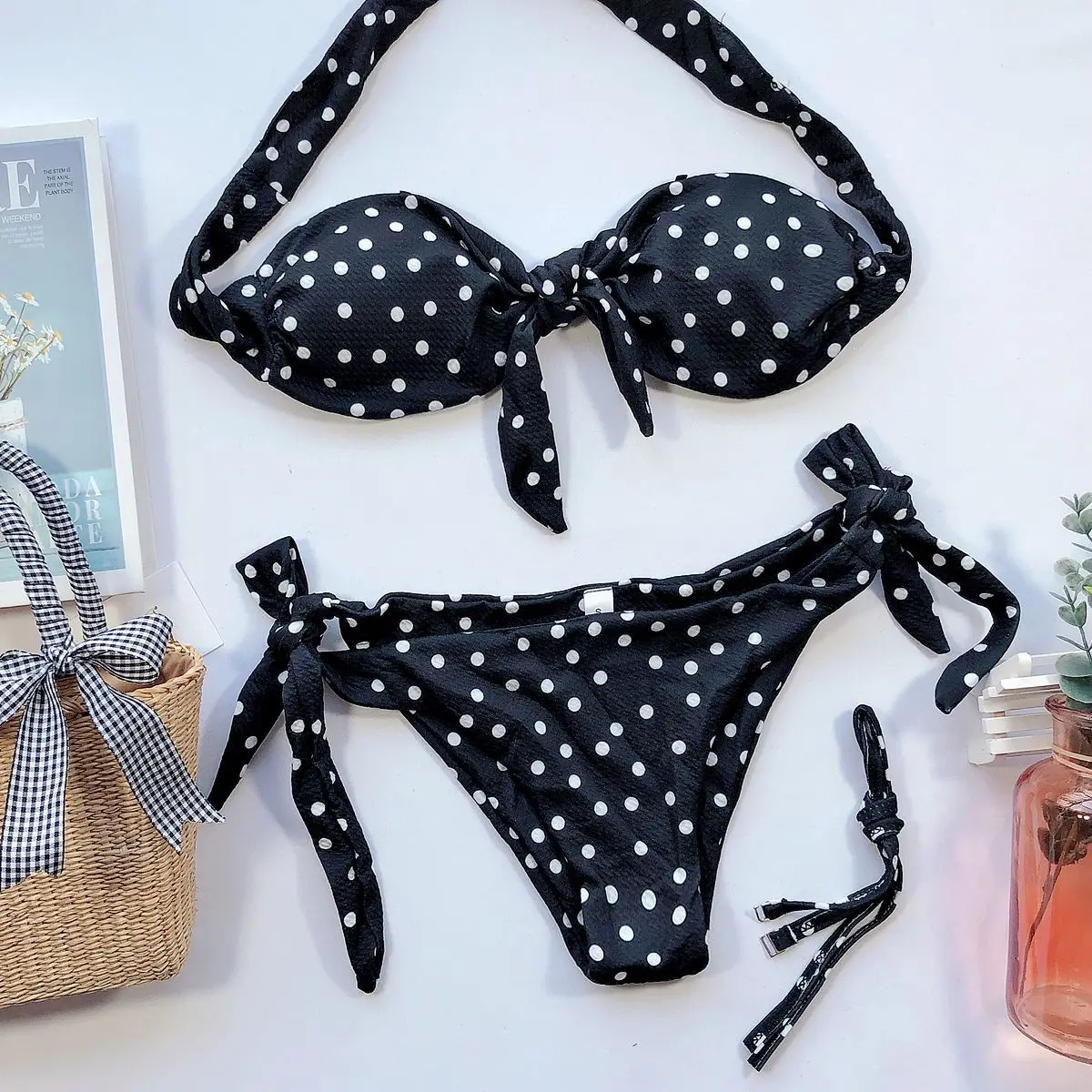 

Dot Print Bandeau Bathing Suit Bowknot Sexy Leopard Low Waist Side Lace-up Mini Triangle Thong Beachwear Swimwear Two Piece Sets