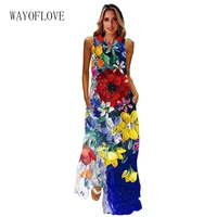 wayoflove 2022 fashion flower print blue dress summer casual beach vintage long dresses woman sleeveless comfortable maxi dress