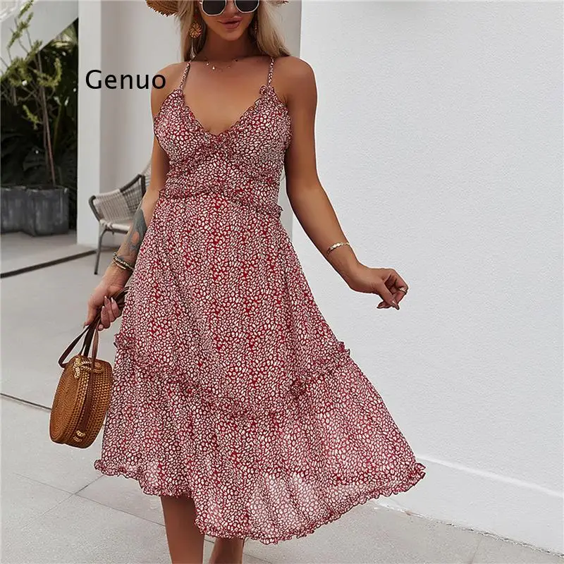 Female Dress Floral Print V-Neck Sleeveless One-Piece Spaghetti Strap Sundress for Summer Red/Black/Blue/Green | Женская одежда