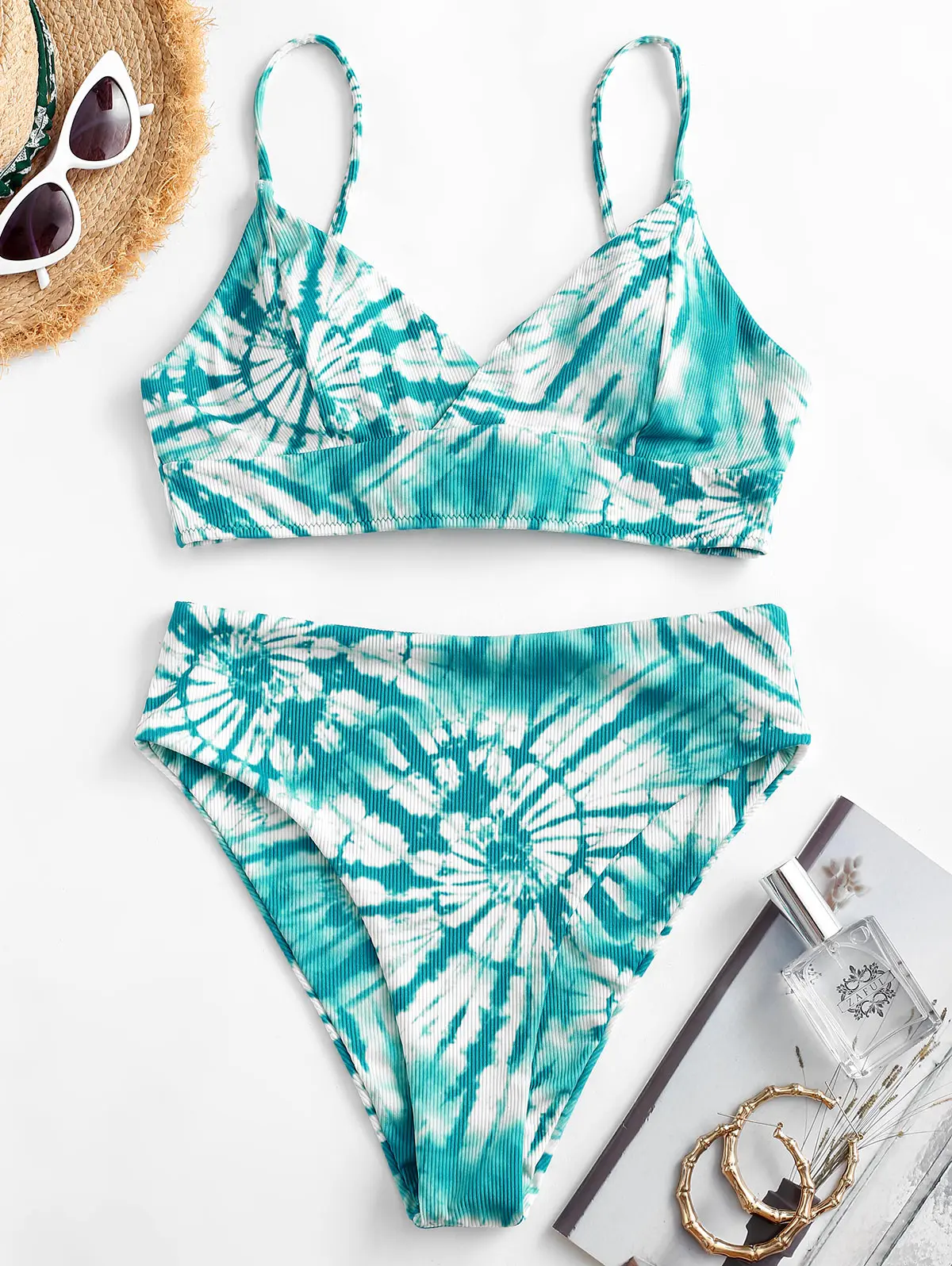 

ZAFUL Ribbed Tie Dye Lace Up High Rise Tankini Swimwear