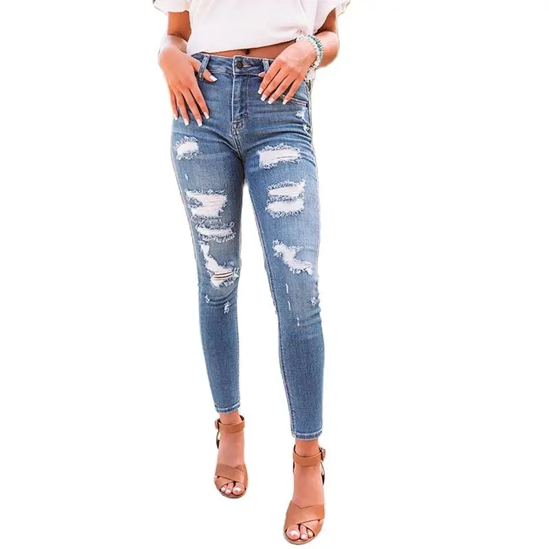 

Blue Ripped Jeans Women High Waist High Elasticity Sexy Skinny Streetwear Denim Trousers 2021 Summer Vintage Denim Pencil Pants