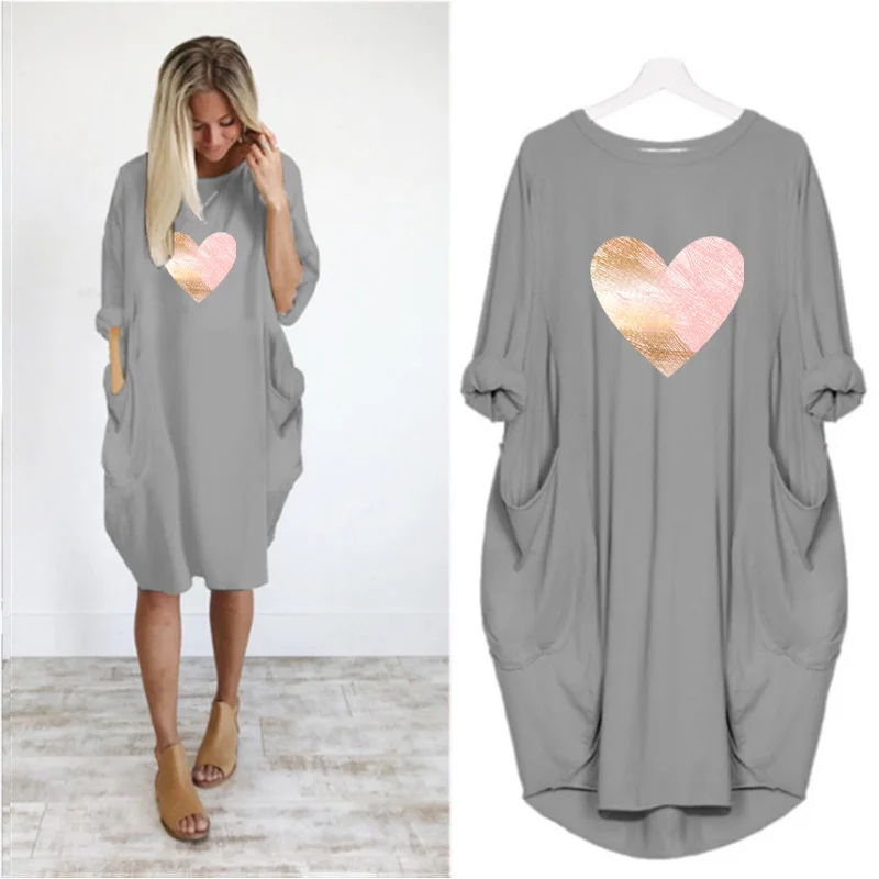 

Plus Size Women Midi Dresses Simple Love Print Loose Long Sleeve o Neck Autumn Party Vintage Vestidos Robe Streetwear Sukienka