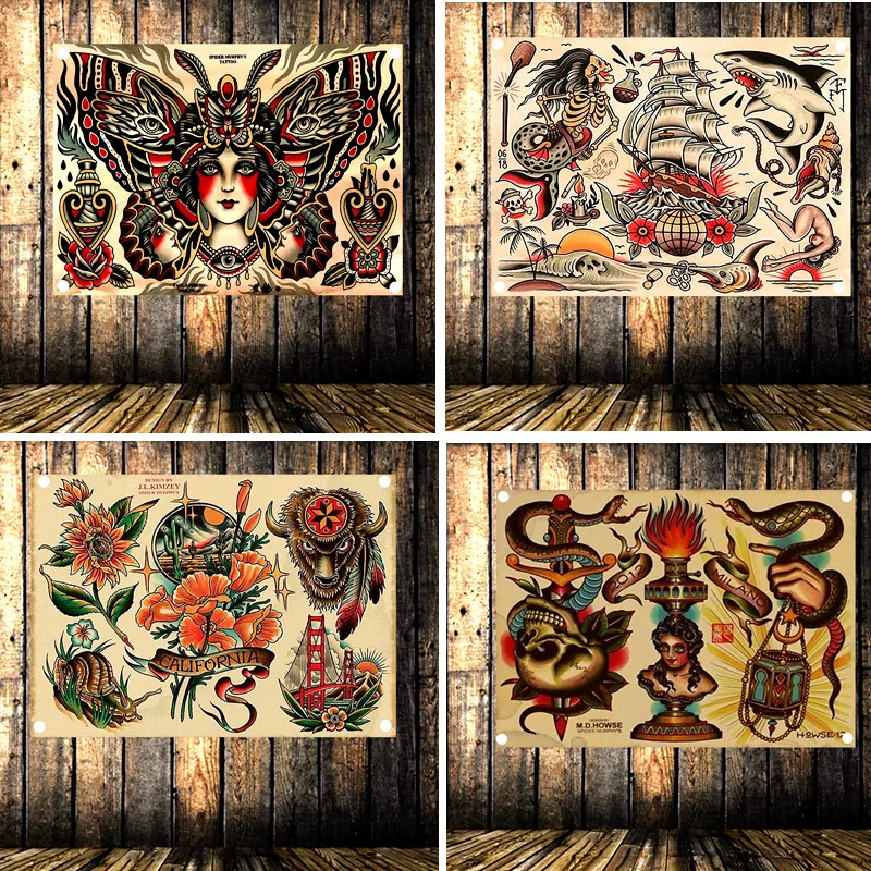 Тату арт узор декоративные баннеры старший Водонепроницаемый ткань гобелены с