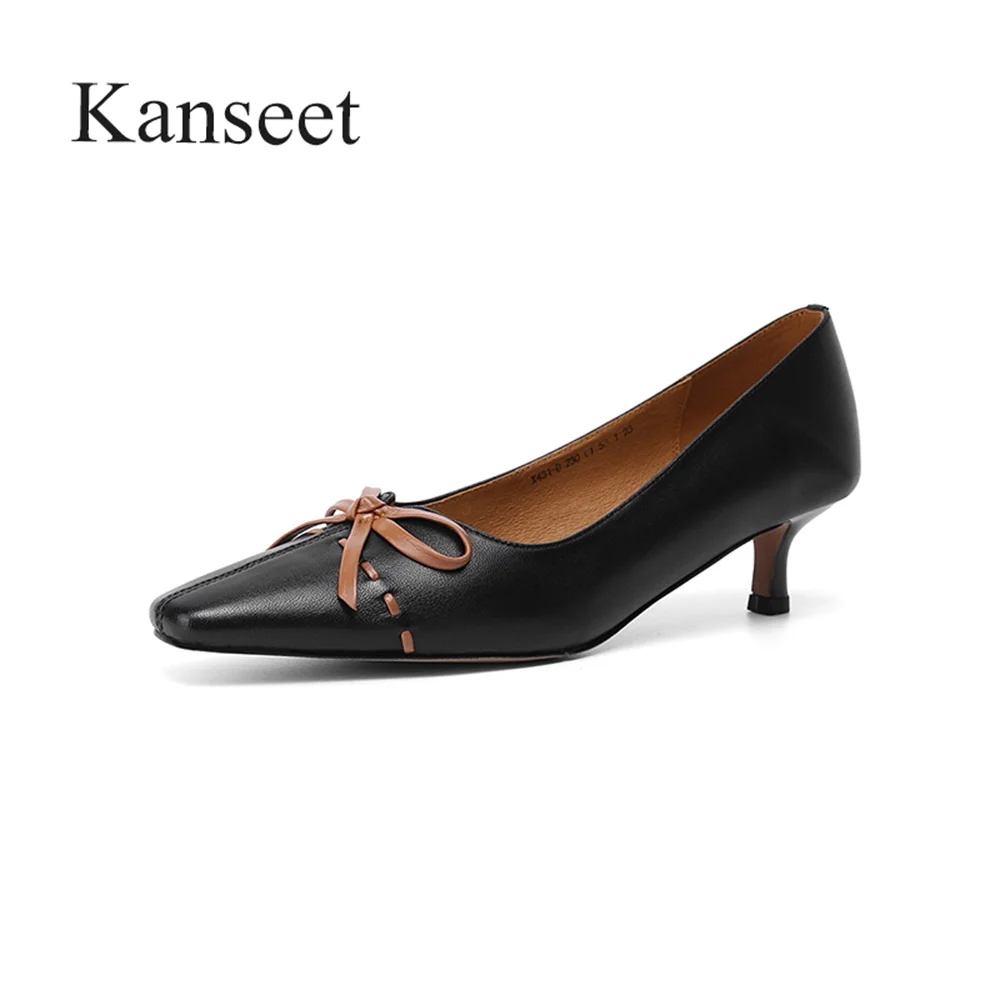 

Kanseet Real Leather Square Toe Fine Heels Woman Pumps 2021 Spring Summer New Butterfly-Knot Decoration Mid Heels Female Shoes