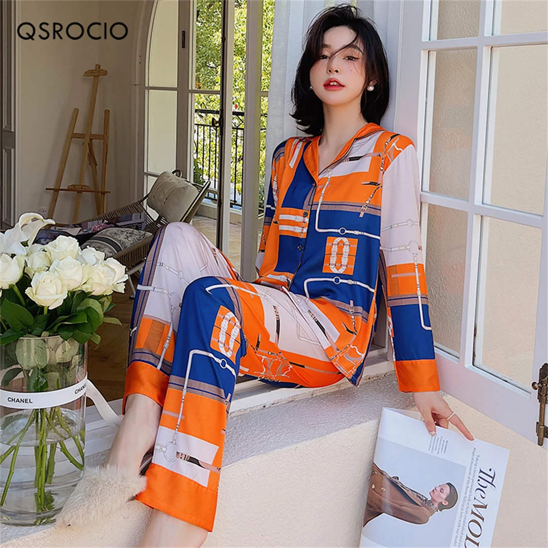 

QSROCIO High Quality Women's Pajamas Set Luxury Style Sleepwear Silk Like Casual Homewear V Neck Nightwear Luxury Pyjamas New