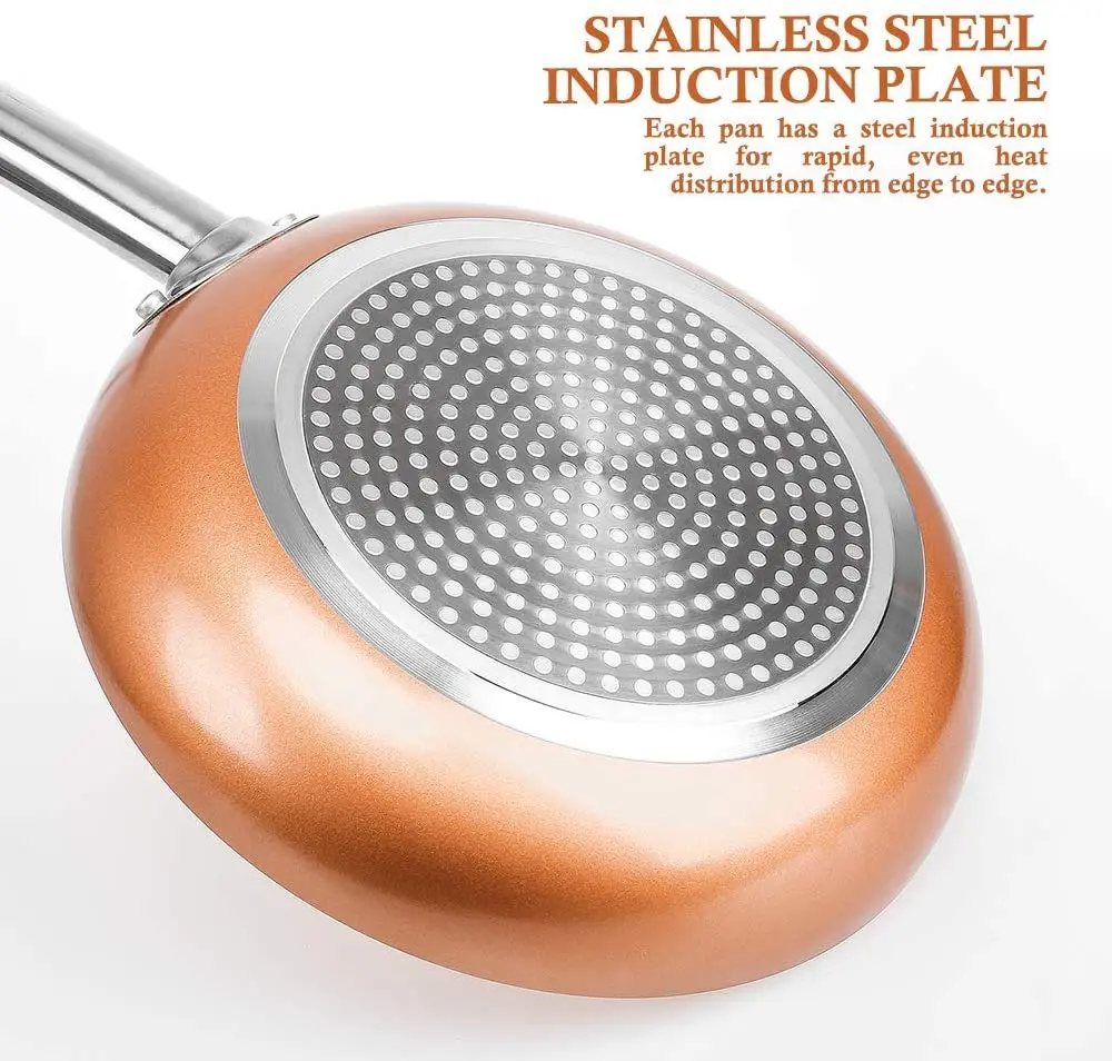 SEMORY-Juego de sartenes antiadherentes de aluminio, utensilios de cocina con tapa, sartenes de cobre con tapa, sart&eacute;n de cer&aacute;mica, 6 piezas-4