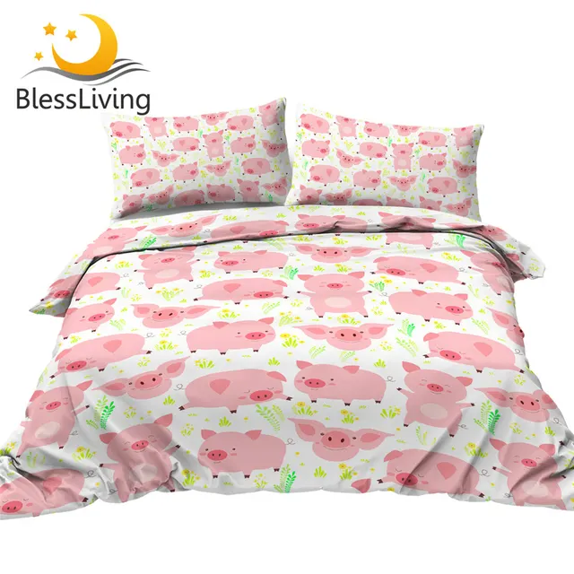 BlessLiving Cheerful Pigs Bedding Set Pink Animal Bed Cover Cartoon Comforter Cover for Kids Funny Piglet Bedspread Leaf Bed Set 1