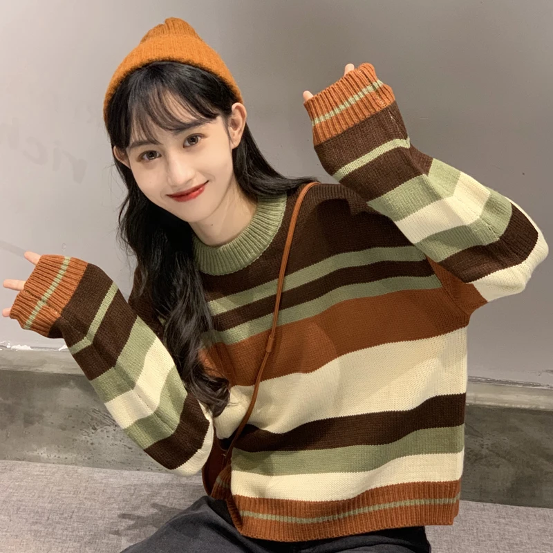 

casual preppy style knitted striped pullovers Korean fashion brand ulzzang autumn winter clothes women sweaters loose new