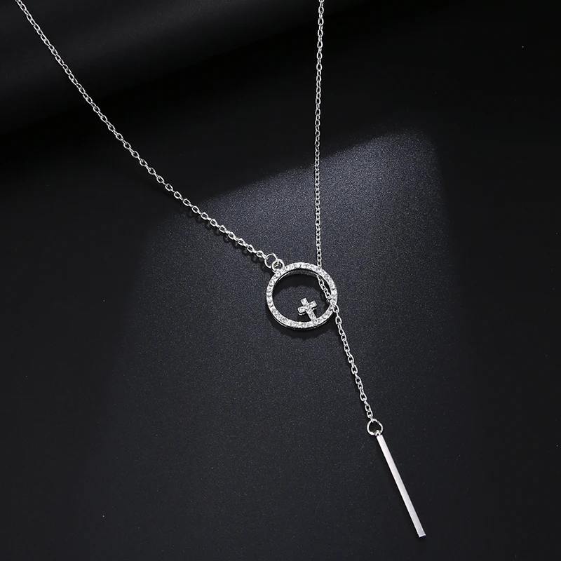 

New Fashion Crystal Cross Pendant Necklace Round Ring Long Tassel Chain Choker Women Holiday Beach Statement Jewelry