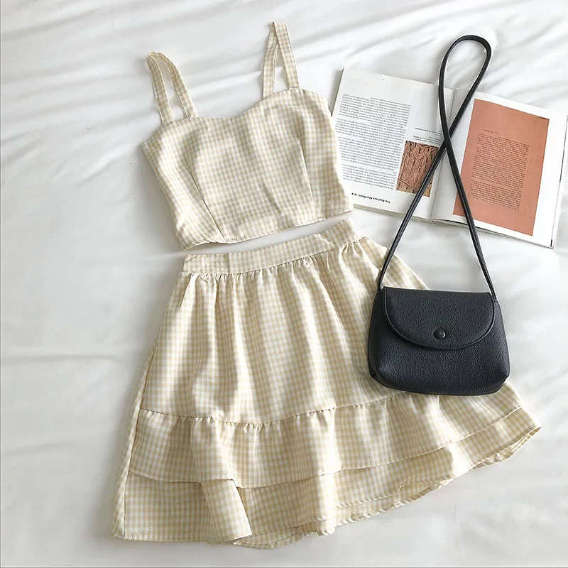 

Summer Sets Women Two Pieces Suits Elastic Plaid Crop Tops And Mini Skirts Women Cute Camis Sets For Women Summer