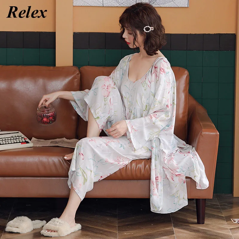 

Sexy Flower Plant Print Suspender Trousers Nightgown Three-Piece Suit Cotton Pajamas Women Fashion Long-Sleeve Homewear Sets