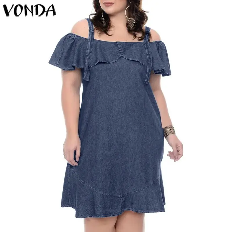 Женское джинсовое платье с оборками VONDA повседневное свободное однотонное