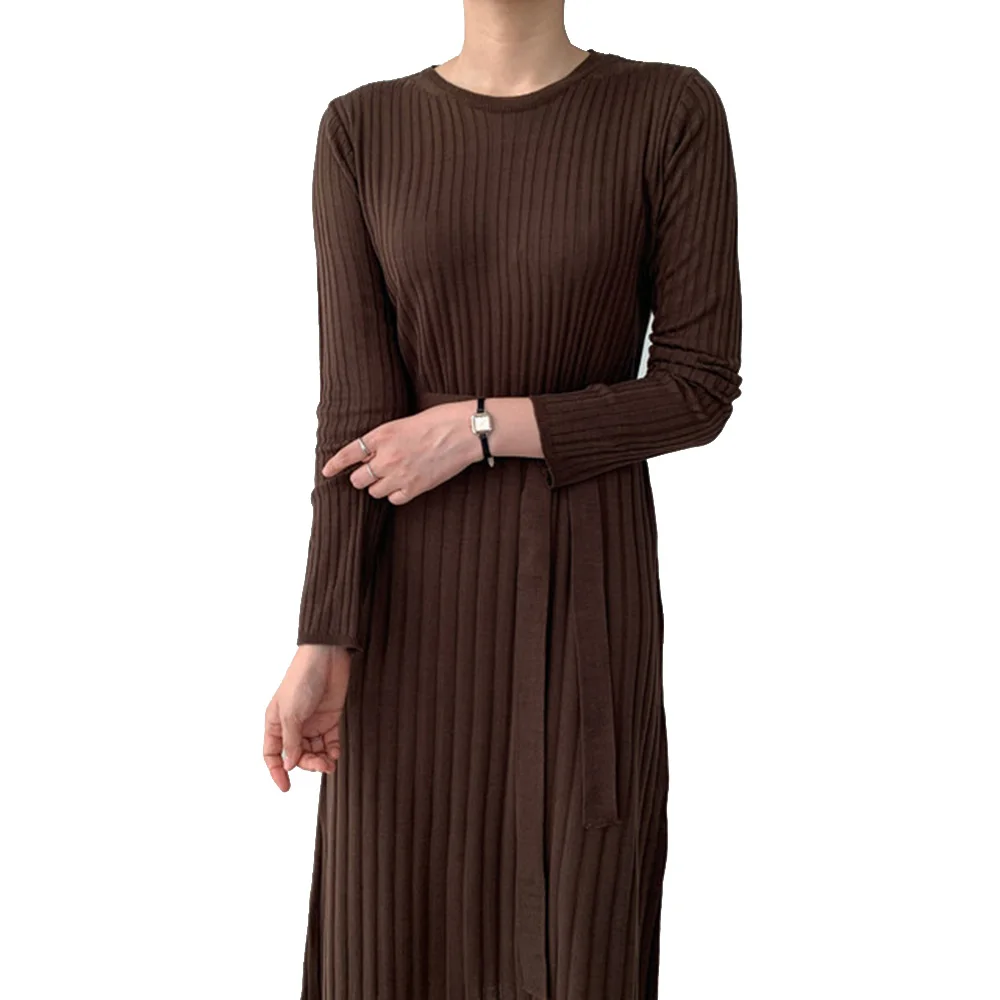 

Women Dress 2021 Hot Long Sleeve Female Temperament Goddess Lace Waist Patch Slim Long Dress Korean Simple Knitted Dresses