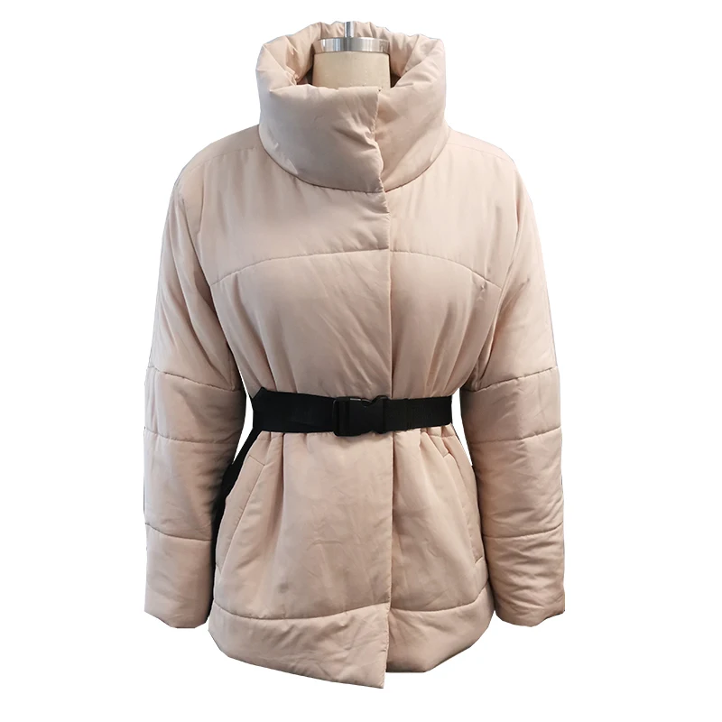 

Warm Winter Coat Women Parkas Casual Sash New Design with Pocket Overcoat Female Stand Collar Khaki Short Jackets Coats
