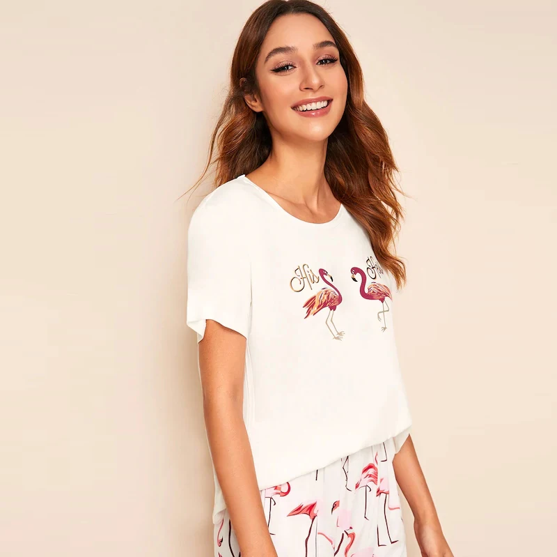 Dotfashion пижамный комплект с принтом животных фламинго летний Повседневный Топ с короткими рукавами, пижамный комплект, женская одежда для отдыха с принтом животных