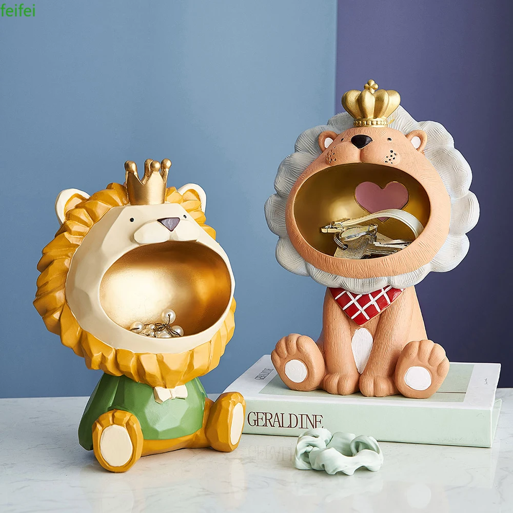 

Lion Statue Storage Animal Model Nordic Resin Key Remote Snack Container Makeup Organizer Living Room Office Desk Storage Gifts