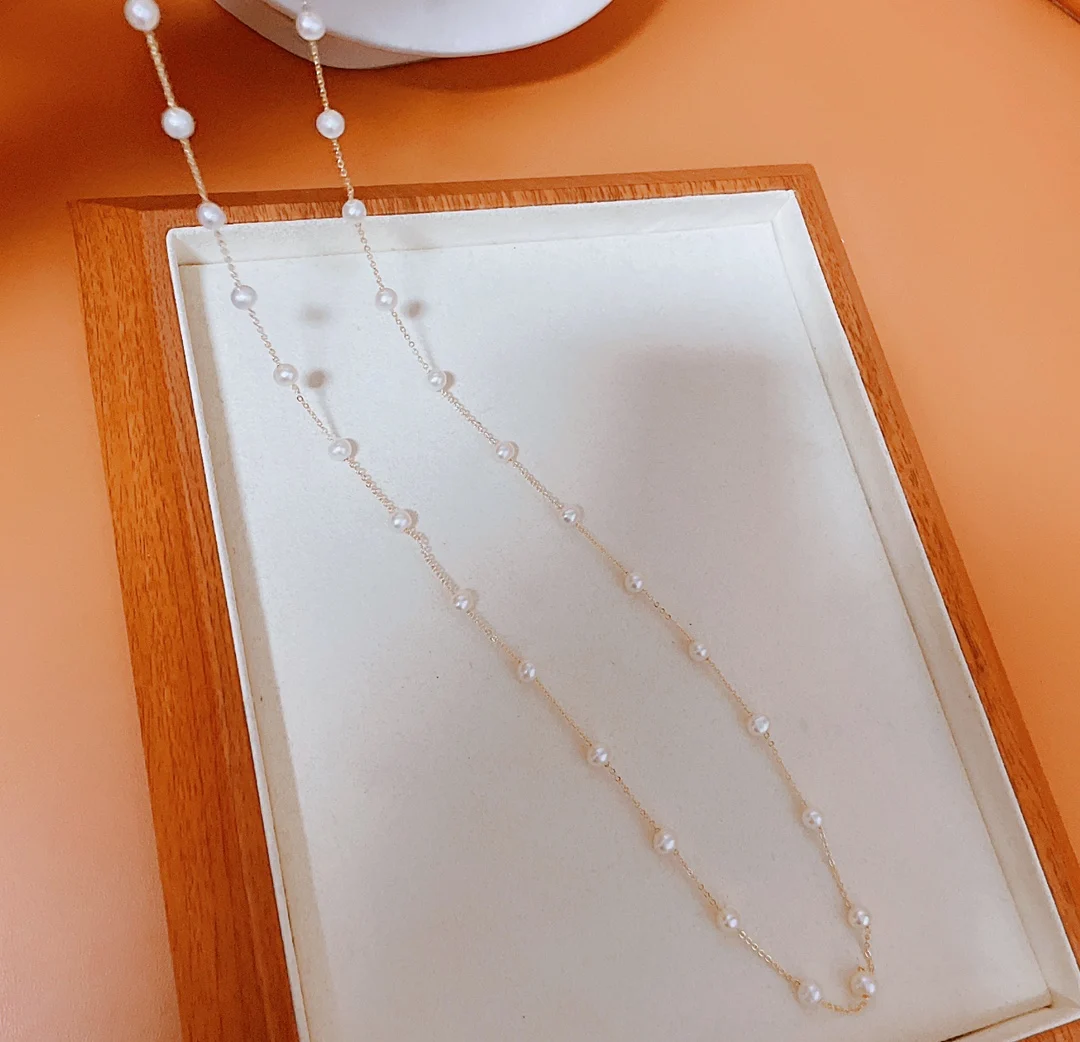 

Autumn gypsophila pearl sweater chain 14k gold 80CM length Can be mixed and matched, super good-looking 4-5MM natural freshwater
