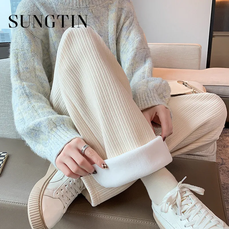 Теплые свободные брюки Sungtin модные однотонные повседневные с широкими штанинами