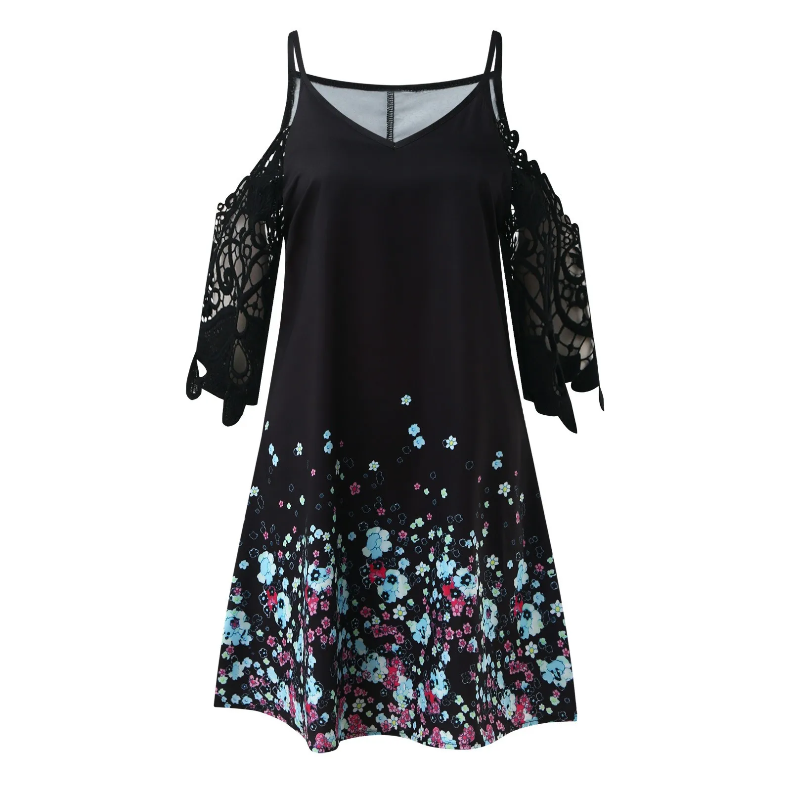 

Womens Causal Floral Print Dress Off Shoulder V Neck Lace Half Sleeve Dress For Women Robe Femme 2021