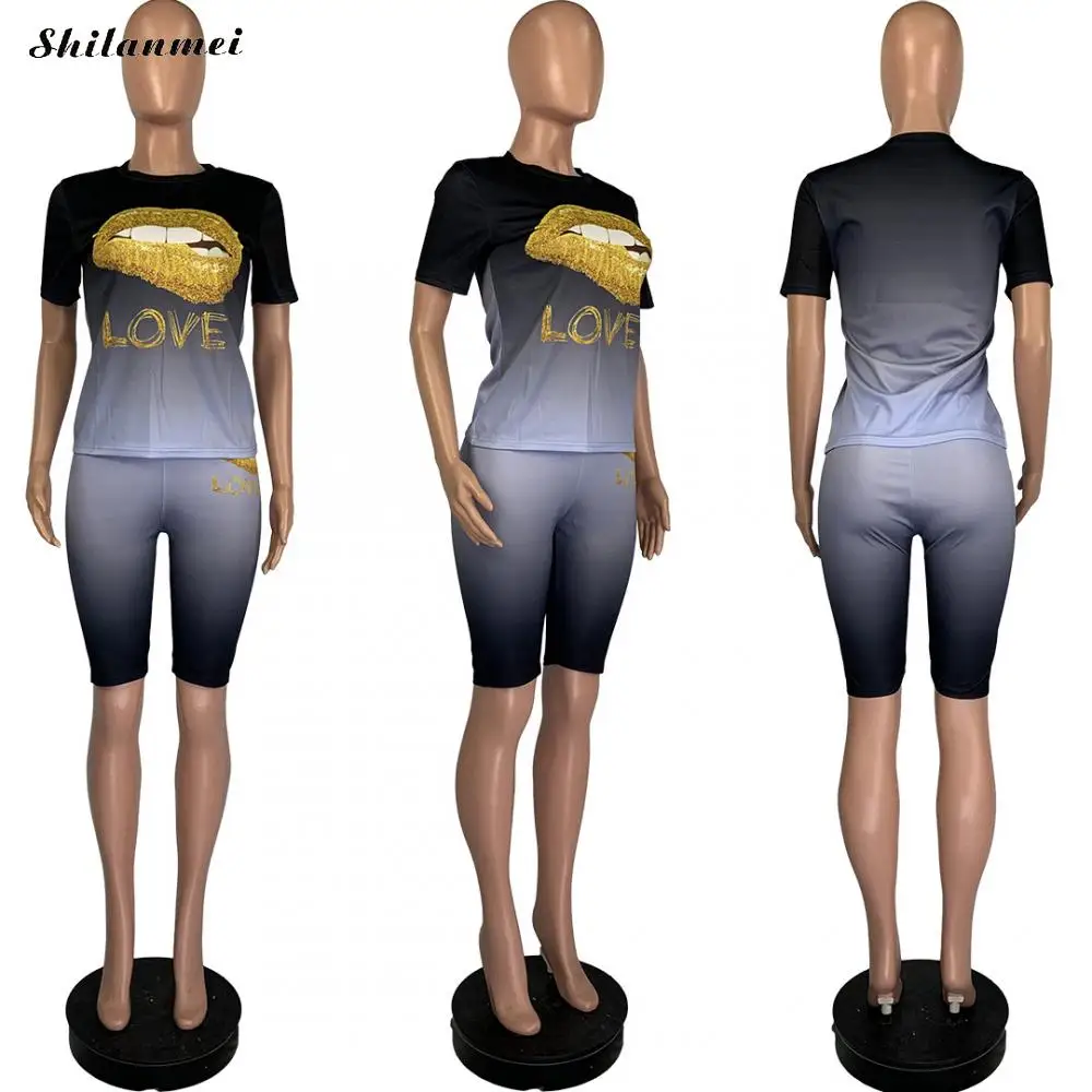 

Letter Print 2 Piece Set Women Tracksuit Plus Size Lips Print Crop Top And Shorts Suit Summer 2020 Casual Outfits For Women 3XL