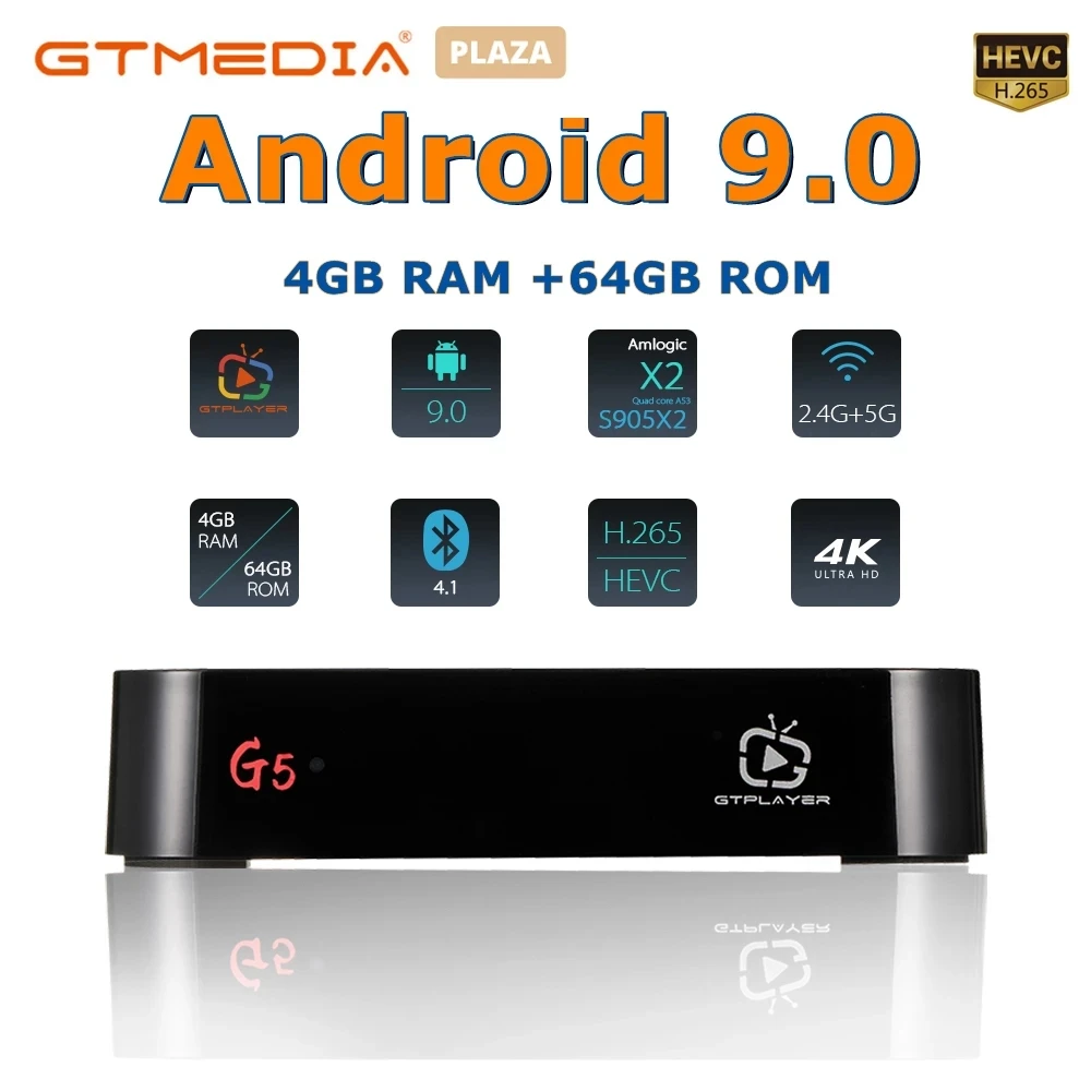 

GTMEDIA G5 Smart Android 9.0 TV Box 4K H.265/1080P S905X2 4G+64G Built-in Wifi Xtream IPTV Stalker GT UI