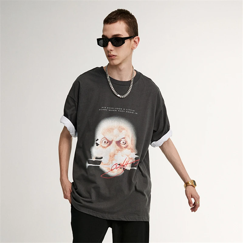 

Hip Hop T Shirt Men 2021 Streetwear Print Drak Staring Skull Tshirt Harajuku Summer Tops Tees Short Sleeve Cotton Black T-Shirt