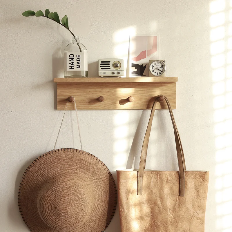 

Nordic solid wood kitchen storage rack modern punch-free bathroom wall shelf multi-functional bedroom porch clothes hook