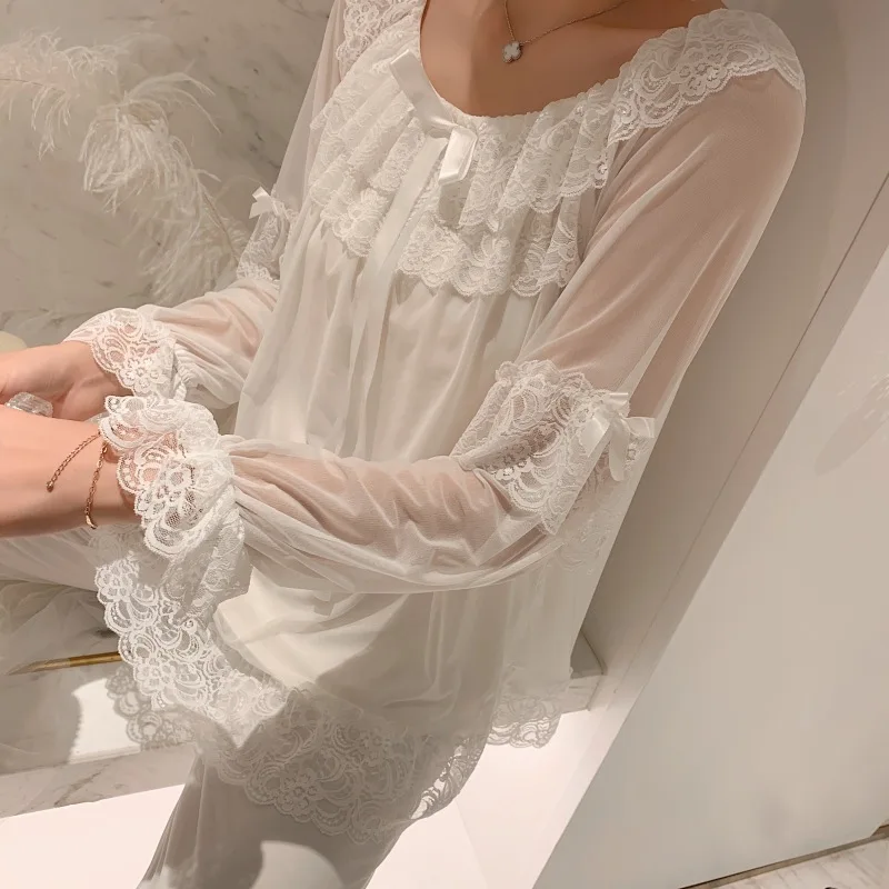 

Spring New European Style Retro Palace Wind Fairy Goddess Lace Princess Beautiful Net Yarn Pajamas Suit Home Service Nightwear