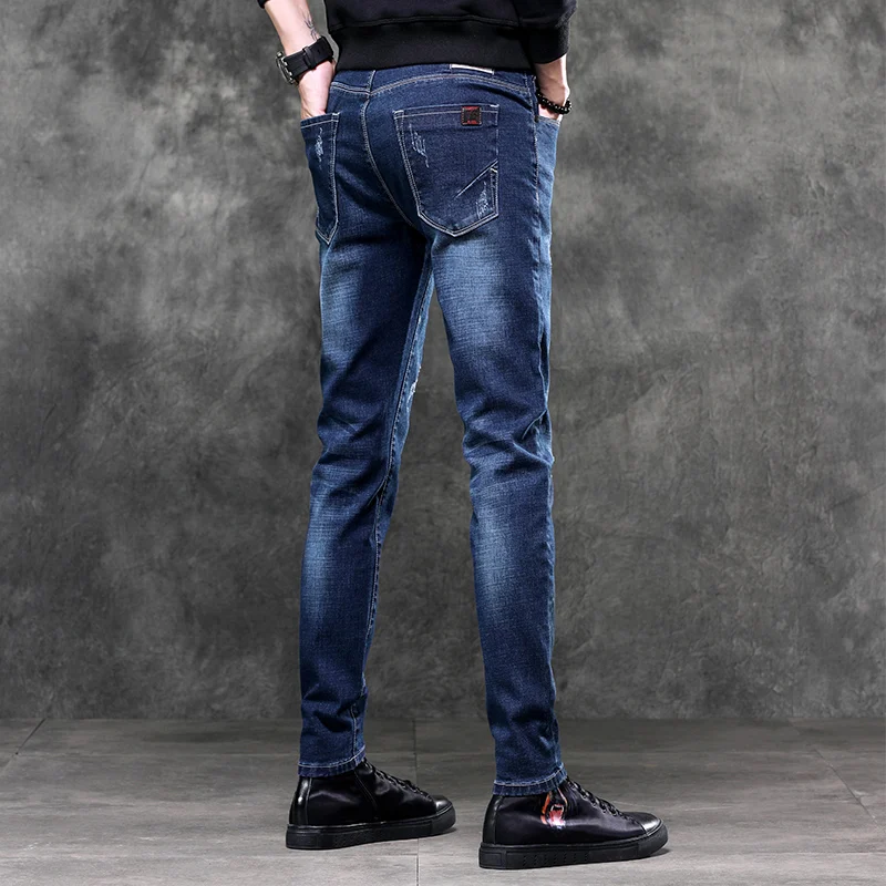 

Men's Jeans Spring Winter 2020 New Warm Slim Fit Business Fashion Thicken Denim Trousers Black Blue Jeans Men