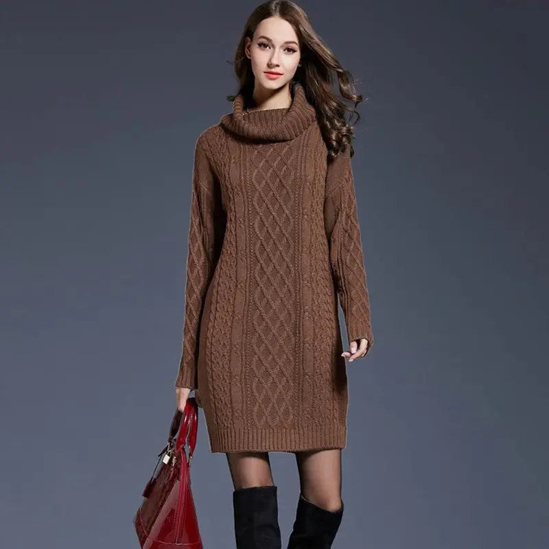 Винтажная водолазка длинный вязаный женский пуловер платье свитер ретро осень
