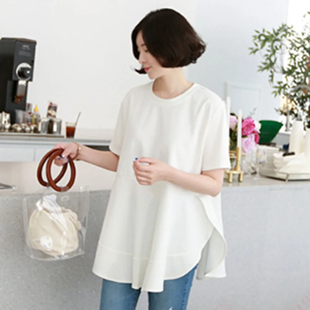 Женская футболка с круглым вырезом Однотонная синяя разрезом модель 2020 в