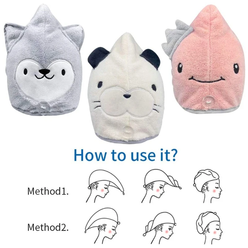

Cartoon Animal Shape Water Absorption Hair Drying Towel with Button Quick Dry Head Wrap Turban Shower Bath