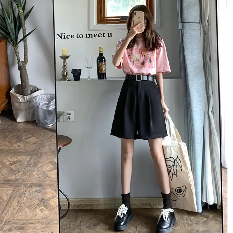 Women Knee Length Shorts Summer Casual High Waist A-line Shorts Loose Wide Leg Chiffon Shorts Chic Lady Black Gray Suit Shorts
