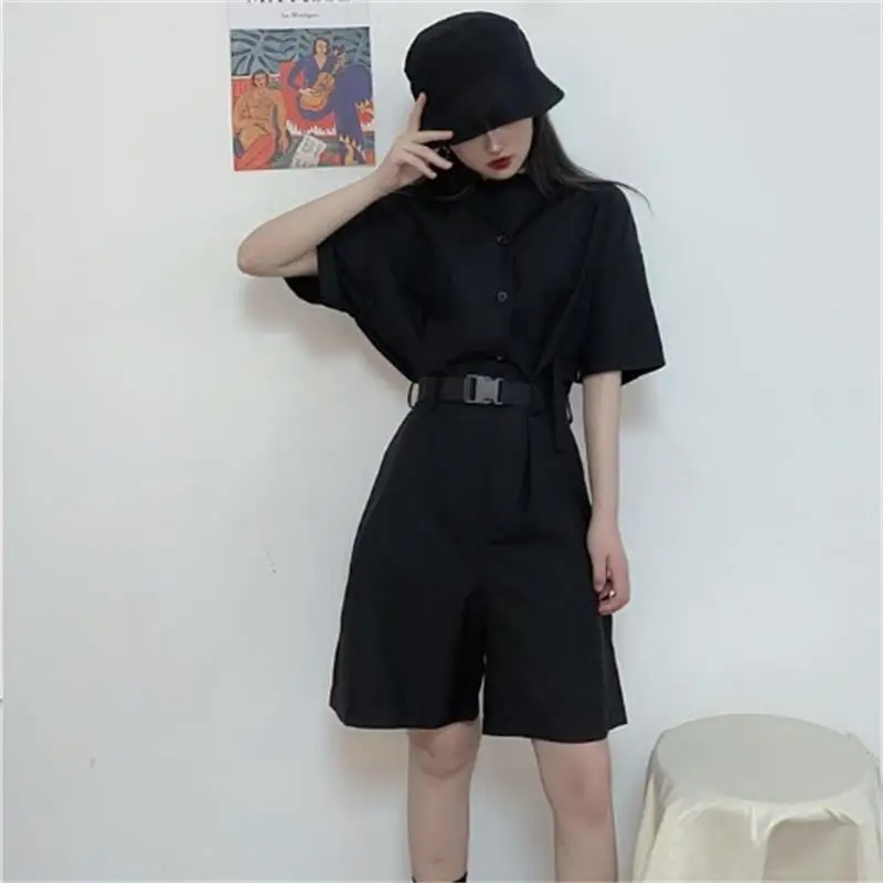 Women's summer new black loose cargo pants short sleeve short pants loose casual belt design slim square collar