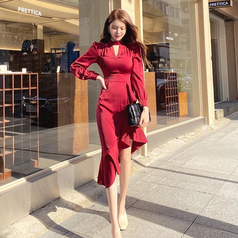 

Spring women's new red slim dress skirt temperament feminine new year fishtail dress