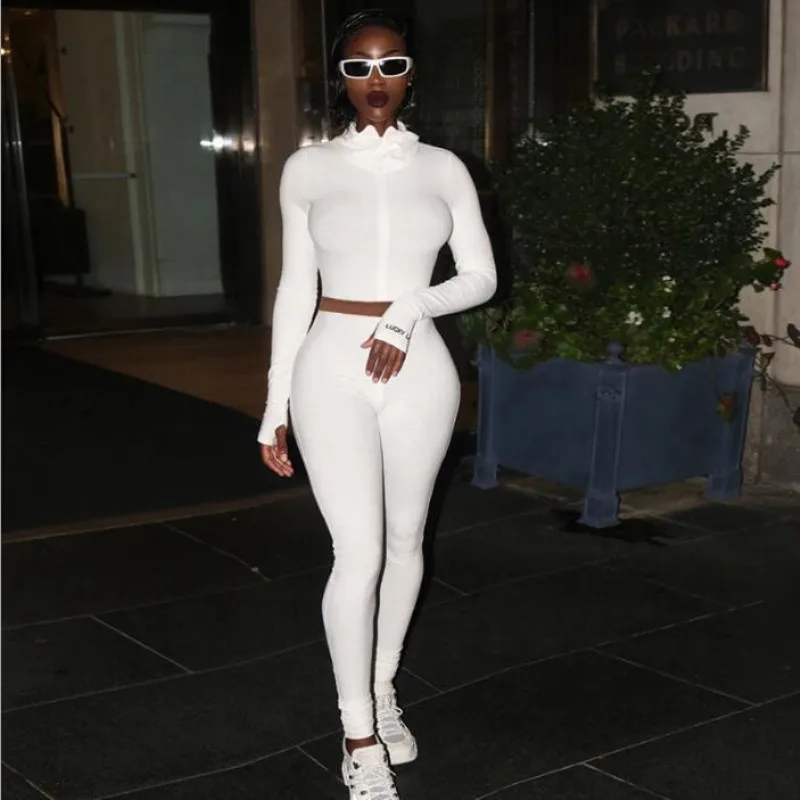 

Rib Knit Cotton 2 Pieces Set Women Outfits Activewear Fitness Elastic Long Sleeve Crop Top Leggings Women Matching Set Tracksuit