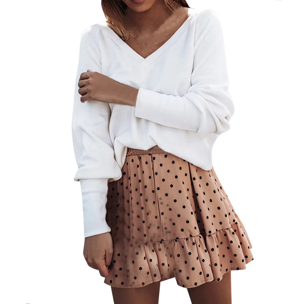 

Donsignet Womens Blouse New Fashion Features Loose Sexy V-neck Halter Ruffled Long-sleeved Solid Color Top Knitted Womens Blouse